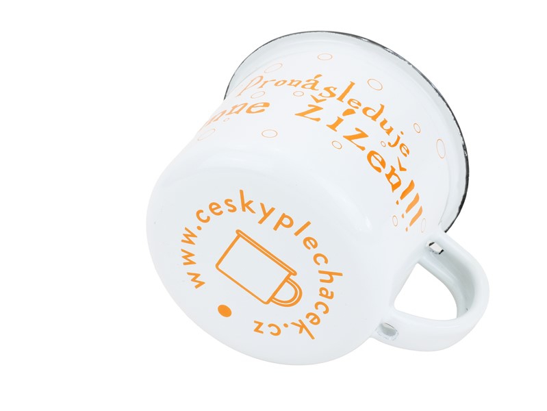 Smaltovaný hrnek ø 8 cm - 0.35 l bílý "žízeň" v krabičce - ČESKÝ PLECHÁČEK | BELIS