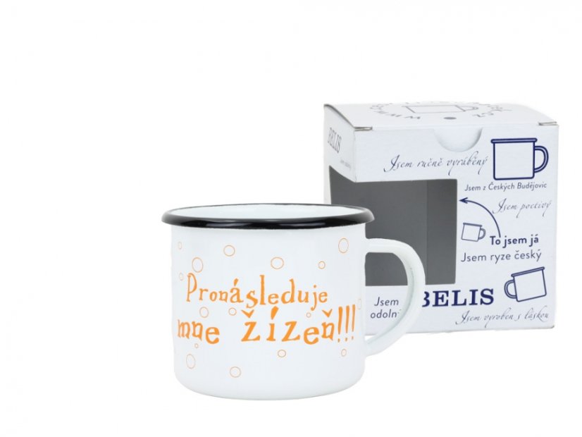 Smaltovaný hrnek ø 8 cm - 0.35 l bílý "žízeň" v krabičce - ČESKÝ PLECHÁČEK | BELIS