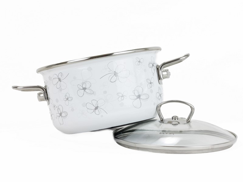 Smaltovaný hrnec se skleněnou poklicí ø 24 cm - 5.5 l - PREMIUM bílý | BELIS - 2 jakost