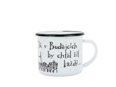 Smaltovaný hrnček ø 8 cm – 0,35 l biely „ČB/mesto“ v krabičke – ČESKÝ PLECHÁČIK | BELIS