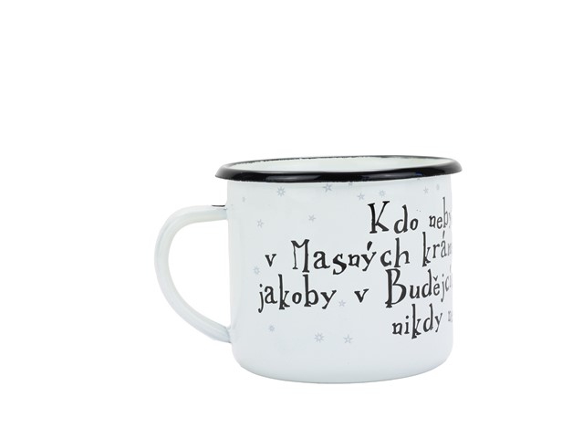 Smaltovaný hrnek ø 8 cm - 0.35 l bílý "masné krámy" v krabičce - ČESKÝ PLECHÁČEK | BELIS