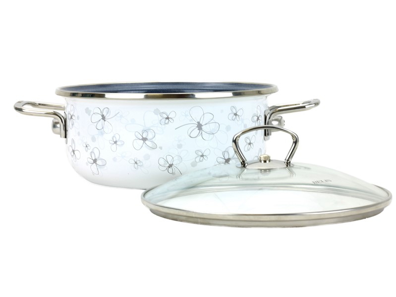 Smaltovaný rendlík se skleněnou poklicí ø 24 cm - 4 l - PREMIUM bílý | BELIS - 2 jakost