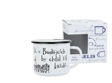 Smaltovaný hrnček ø 8 cm – 0,35 l biely „ČB/mesto“ v krabičke – ČESKÝ PLECHÁČIK | BELIS