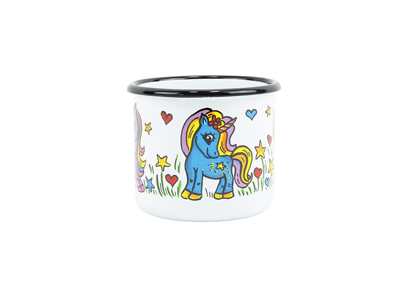 Smaltovaný hrnek ø 8 cm - 0.35 l bílý "jednorožec" - 2 jakost