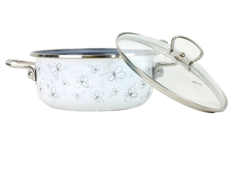 Smaltovaný rendlík se skleněnou poklicí ø 24 cm - 4 l - PREMIUM bílý | BELIS - 2 jakost