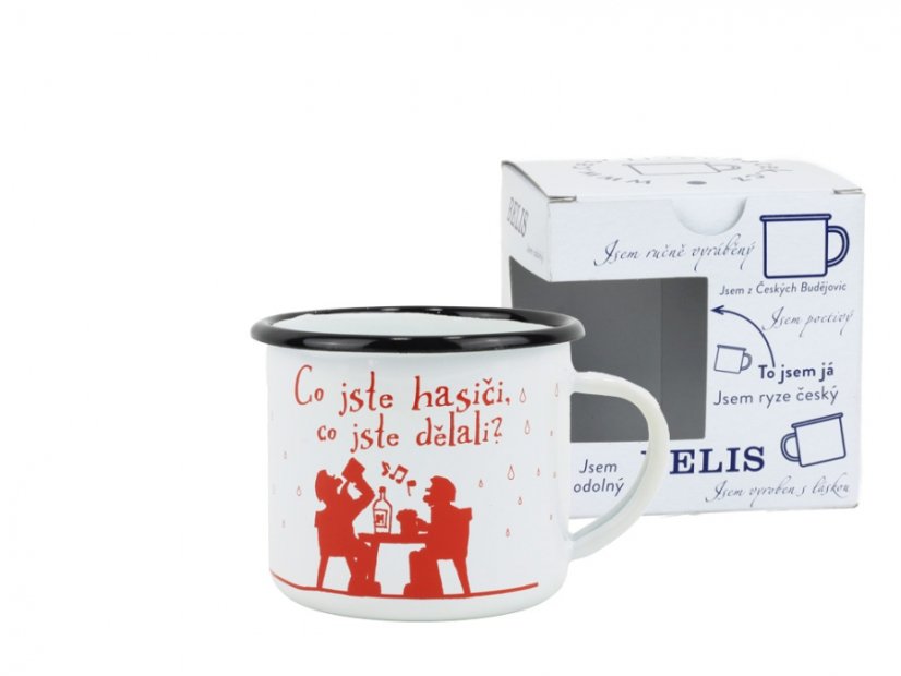 Smaltovaný hrnek ø 8 cm - 0.35 l bílý "hasiči/co jste hasiči" v krabičce - ČESKÝ PLECHÁČEK | BELIS