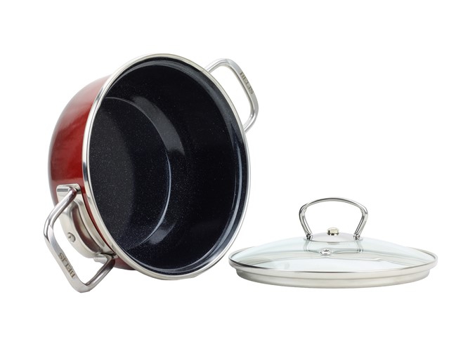 Smaltovaný kastról so sklenenou pokrievkou ø 16 cm – 1,25 l – PREMIUM OMBRÉ červený | BELIS
