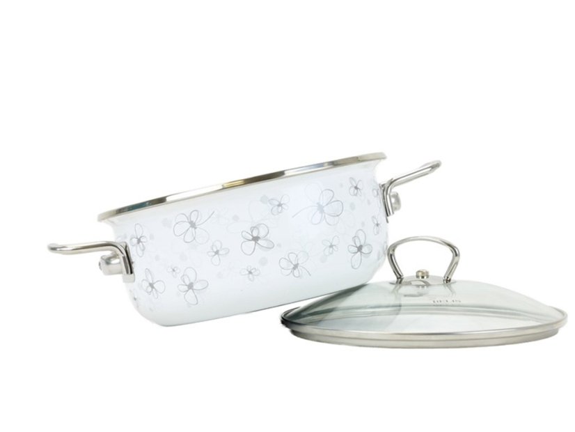 Smaltovaný rendlík se skleněnou poklicí ø 24 cm - 4 l - PREMIUM bílý | BELIS - 2 jakost