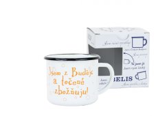 Smaltovaný hrnček ø 8 cm – 0,35 l biely „čapované“ v krabičke – ČESKÝ PLECHÁČIK | BELIS