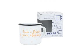 Smaltovaný hrnček ø 8 cm – 0,35 l biely „pivo“ v krabičke – ČESKÝ PLECHÁČIK | BELIS