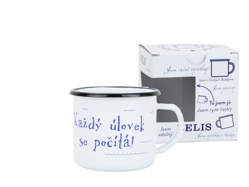 Smaltovaný hrnek ø 8 cm - 0.35 l bílý "kostra" v krabičce - ČESKÝ PLECHÁČEK | BELIS