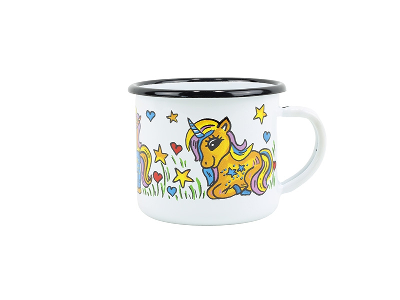 Smaltovaný hrnek ø 8 cm - 0.35 l bílý "jednorožec" - 2 jakost