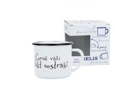 Smaltovaný hrnček ø 8 cm – 0,35 l biely „čierna veža“ v krabičke – ČESKÝ PLECHÁČIK | BELIS