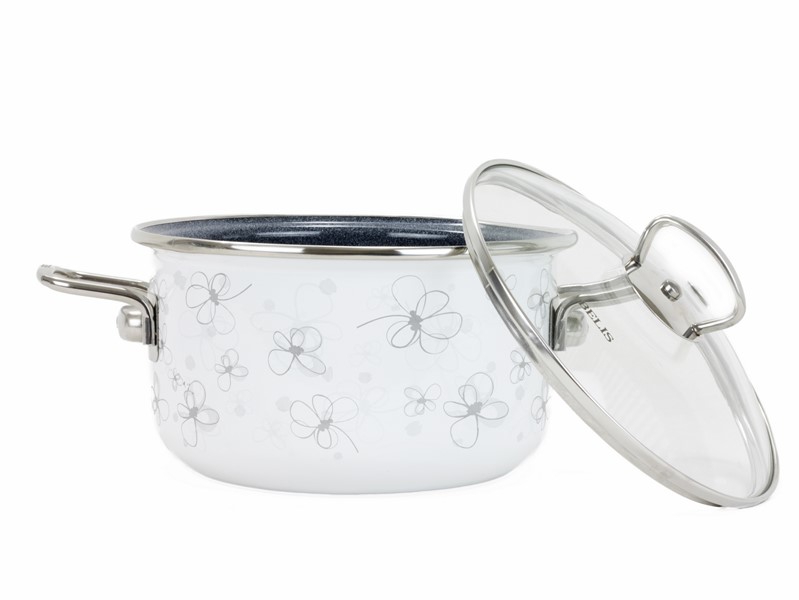 Smaltovaný hrnec se skleněnou poklicí ø 16 cm - 1.5 l - PREMIUM bílý | BELIS
