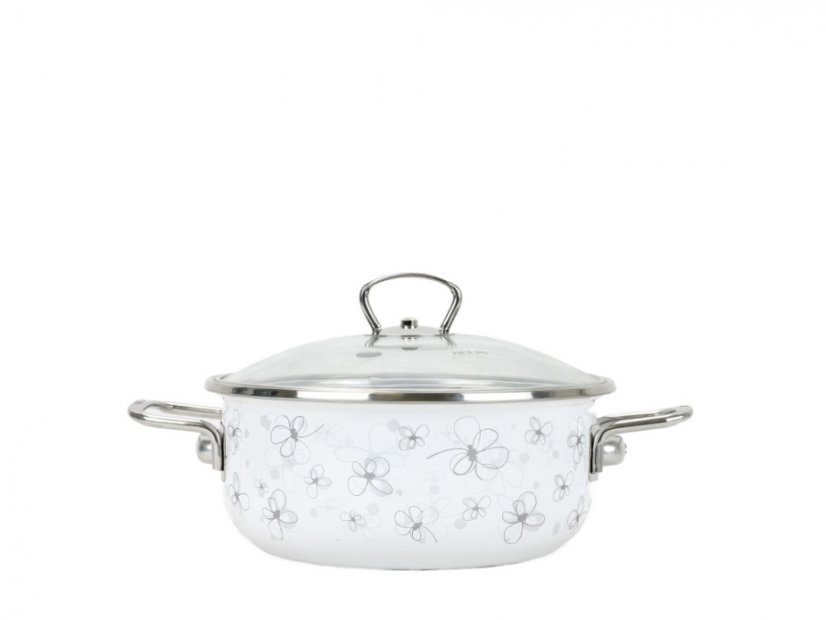 Smaltovaný rendlík se skleněnou poklicí ø 24 cm - 4 l - PREMIUM bílý | BELIS - 2 jakost