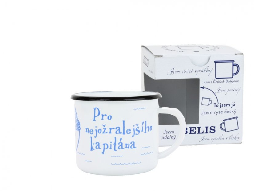 Smaltovaný hrnek ø 8 cm - 0.35 l bílý "nejožralejší kapitán" v krabičce - ČESKÝ PLECHÁČEK | BELIS
